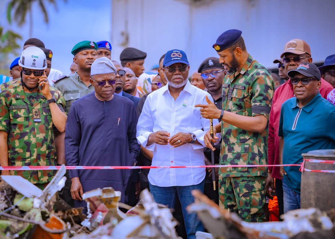 PHOTOS: Ondo Governor Aiyedatiwa visits site of plane crash, orders continued search for victims, wreckage